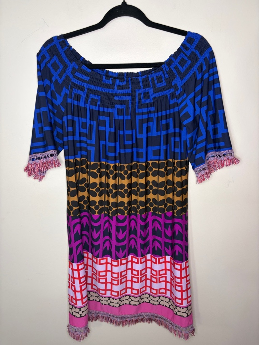 Trina Turk Vibrant Geometric Off-Shoulder Dress in Royal Blue, Gold & Magenta - Picture 4 of 5